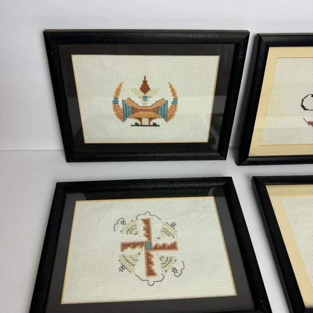 Vintage Hand Cross Stitch Native American Symbols Framed Set of 4